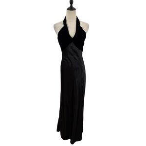 Vtg 90s LA Glo Black Velvet & Satin Halter Slip Maxi Gown Dress Sz 7 Glam Goth